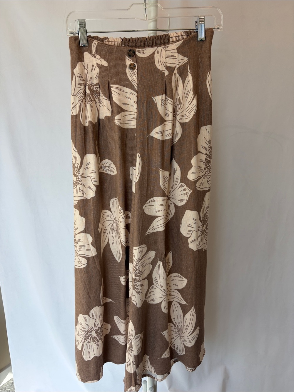 Brown Floral Wide Leg Pants with Cream Print